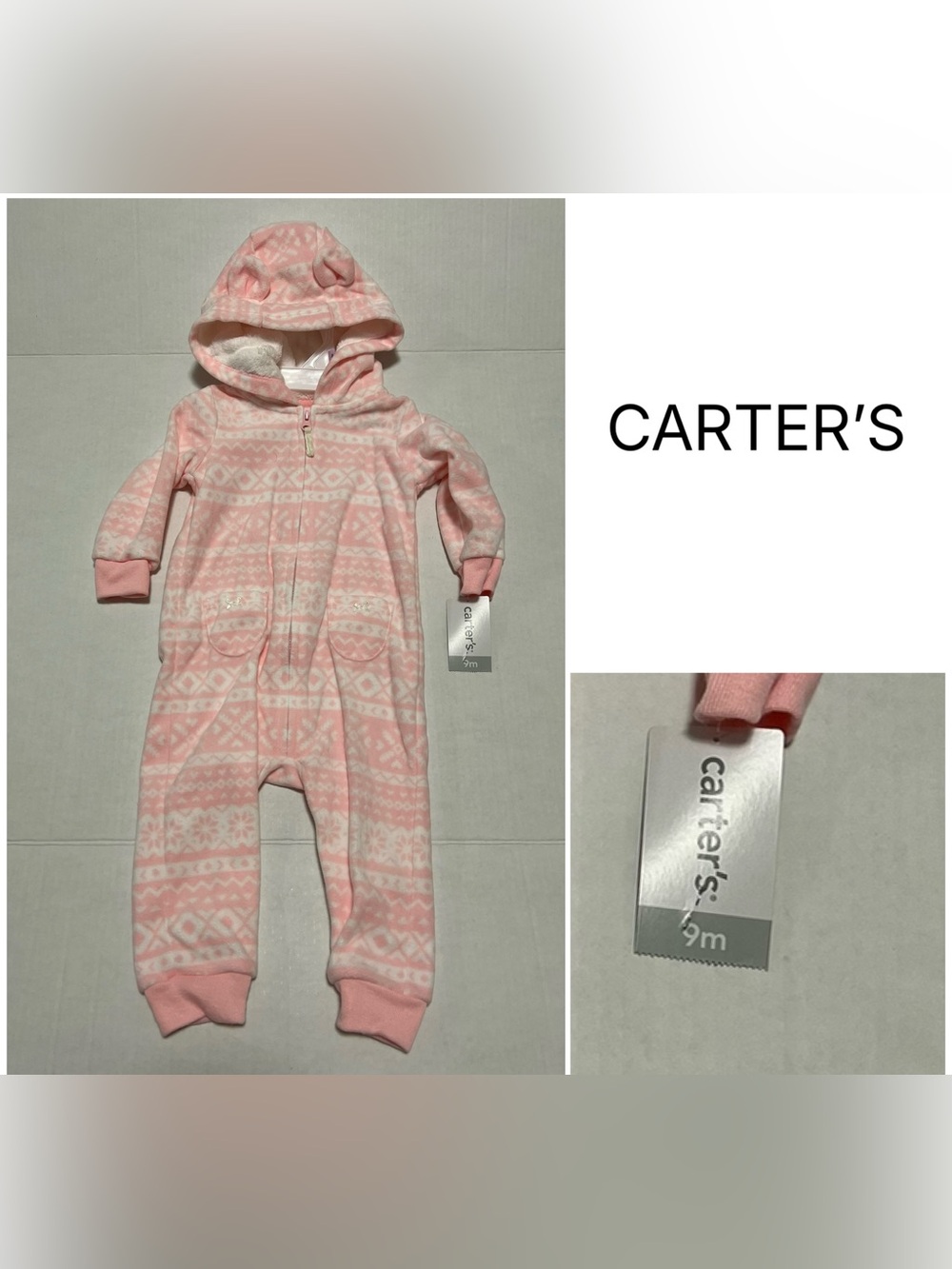 CARTER’S - 9M - NWT - INFANT GIRLS PINK HOODED FLEECE COVERALL